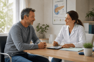 consultation entre un patient d'âge moyen et un professionnel de santé, dans un cabinet lumineux et chaleureux