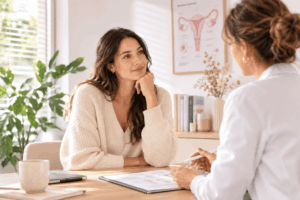 Photographie éditoriale réaliste et lumineuse représentant une femme adulte assise dans un cabinet médical spécialisé en fertilité, échangeant avec une professionnelle de santé. La femme semble sereine et attentive, ambiance rassurante, moderne et chaleureuse.