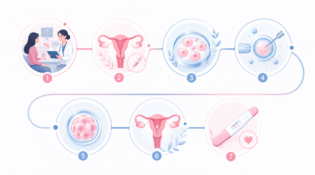 Infographie médicale élégante illustrant visuellement les principales étapes d’une FIV avec don d’ovocytes : consultation médicale, préparation de l’endomètre, réception des ovocytes, fécondation en laboratoire, développement de l’embryon, transfert embryonnaire puis test de grossesse.