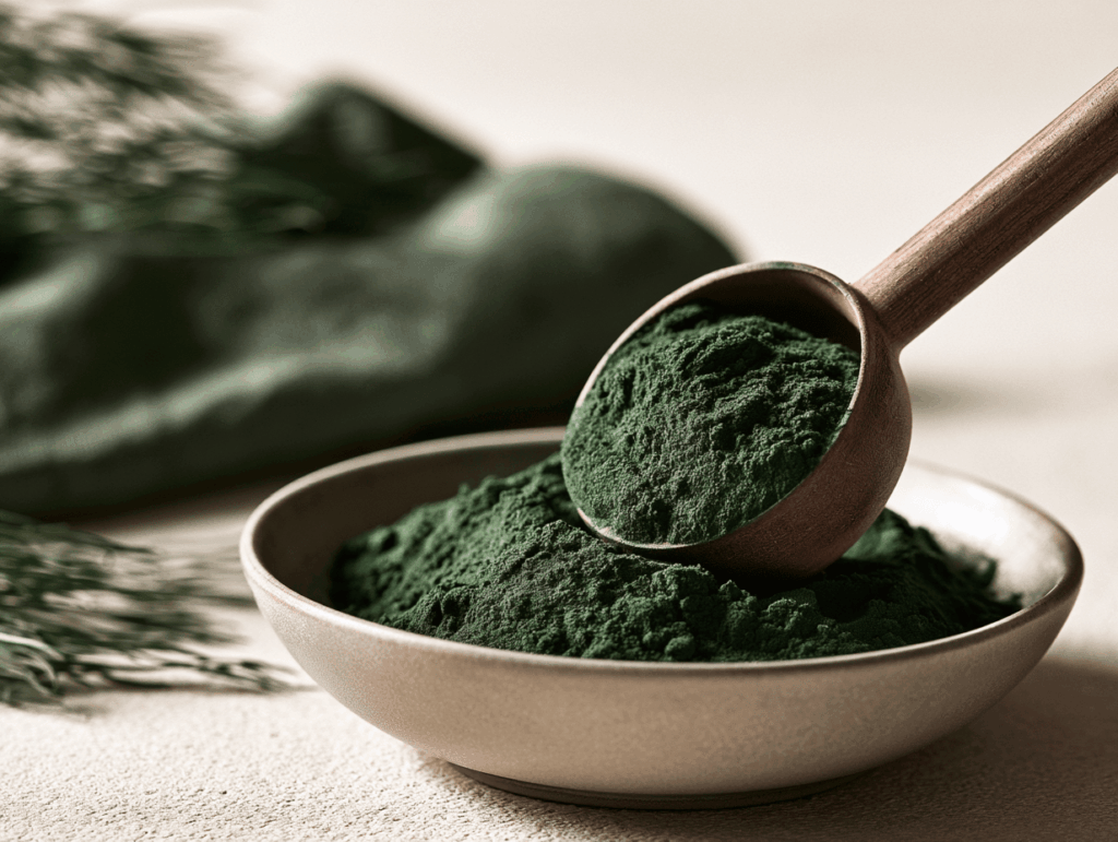 Photo de poudre de spiruline versée dans une cuillère doseuse au-dessus d'un bol, fond neutre clair, ambiance minimaliste.