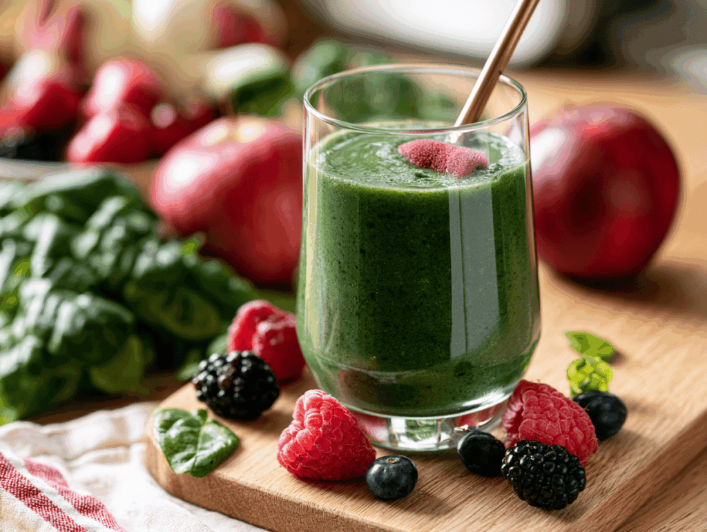 Photo d'un smoothie vert à la spiruline dans un verre transparent, entouré de fruits frais, lumière naturelle et ambiance healthy.